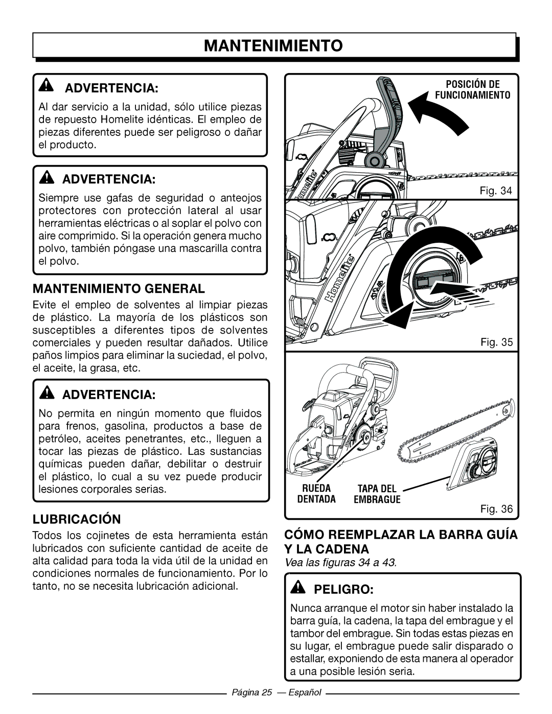 Homelite UT10562 Mantenimiento General, Lubricación, Cómo reemplazar la barra guía y la cadena, Vea las figuras 34 a 