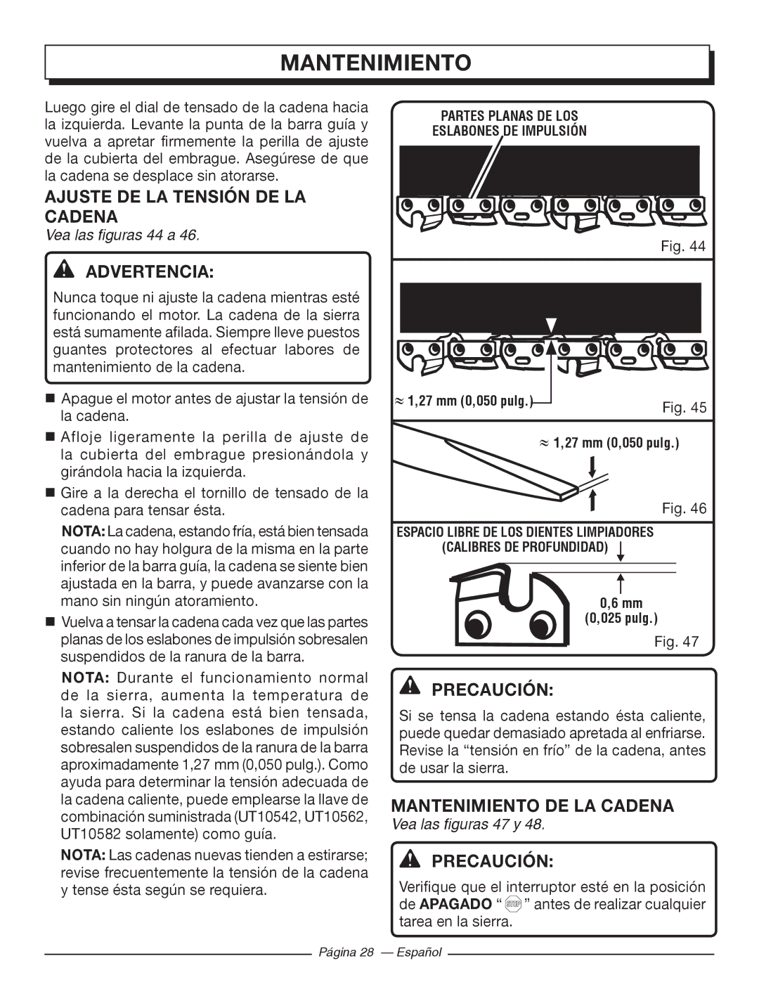 Homelite UT10918 Ajuste DE LA Tensión DE LA Cadena, Mantenimiento DE LA Cadena, Vea las figuras 44 a, Vea las figuras 47 y 