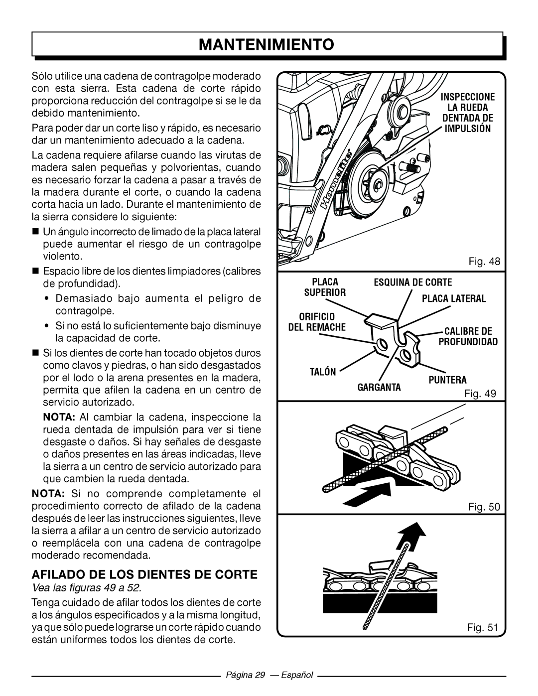 Homelite UT10585, UT10918, UT10582, UT10562, UT10560, UT10542 Afilado DE LOS Dientes DE Corte, Vea las figuras 49 a 