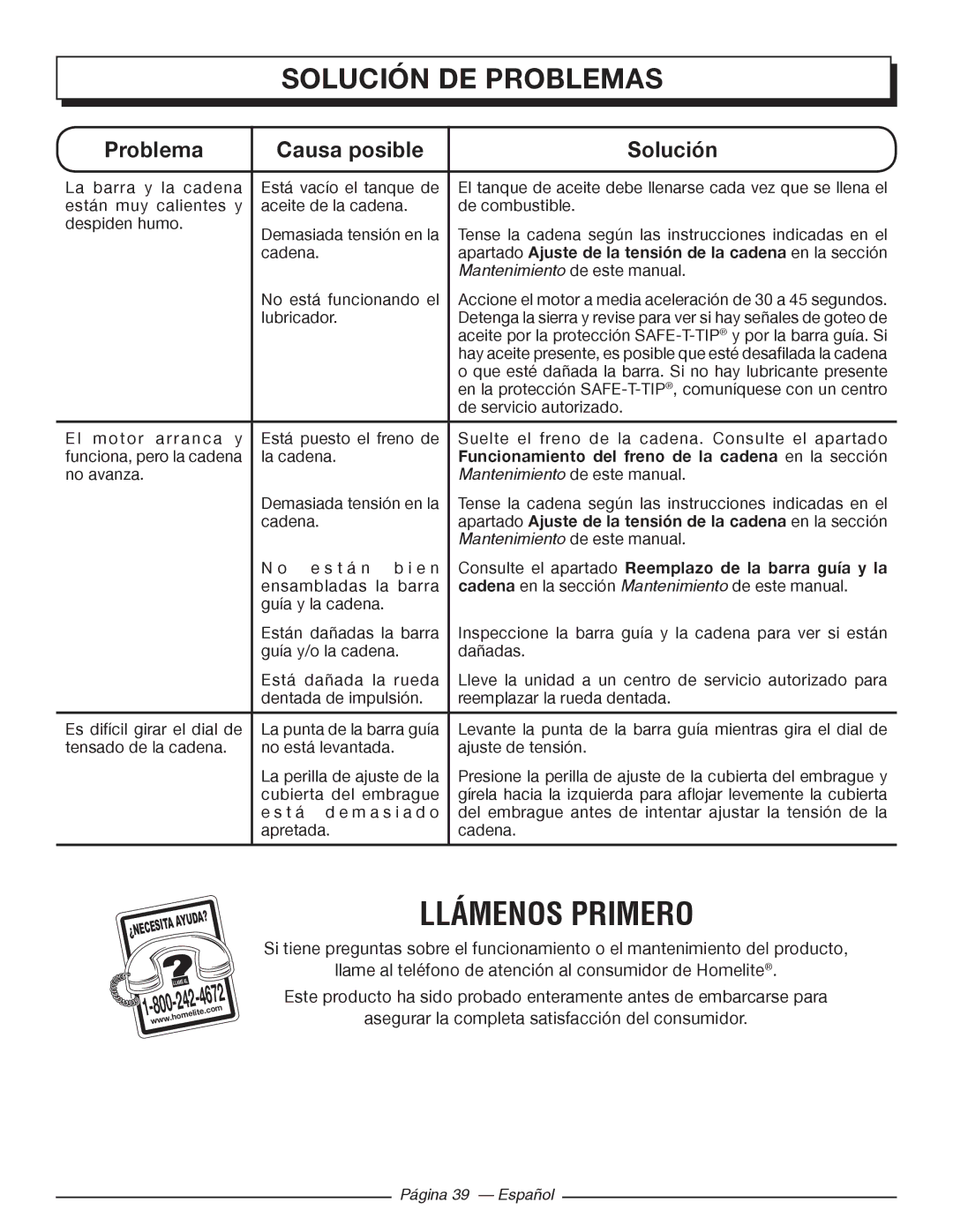 Homelite UT10542, UT10918, UT10585, UT10582, UT10562, UT10560 manuel dutilisation Llámenos Primero 