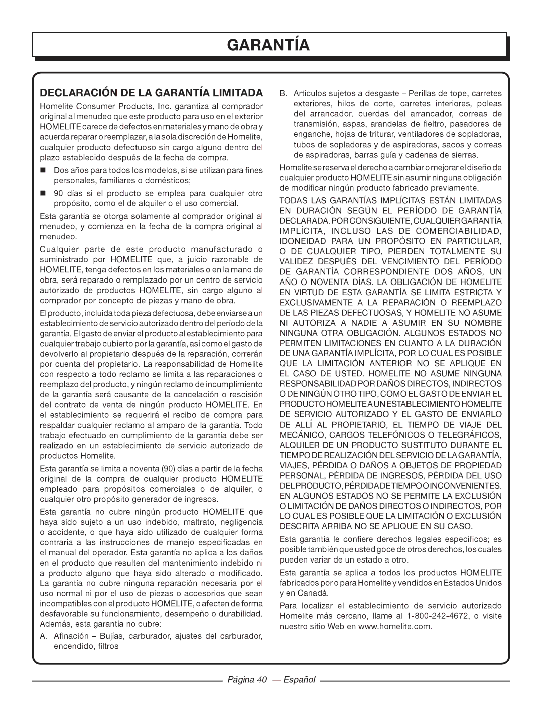 Homelite UT10918, UT10585, UT10582, UT10562, UT10560, UT10542 manuel dutilisation Declaración DE LA Garantía Limitada 