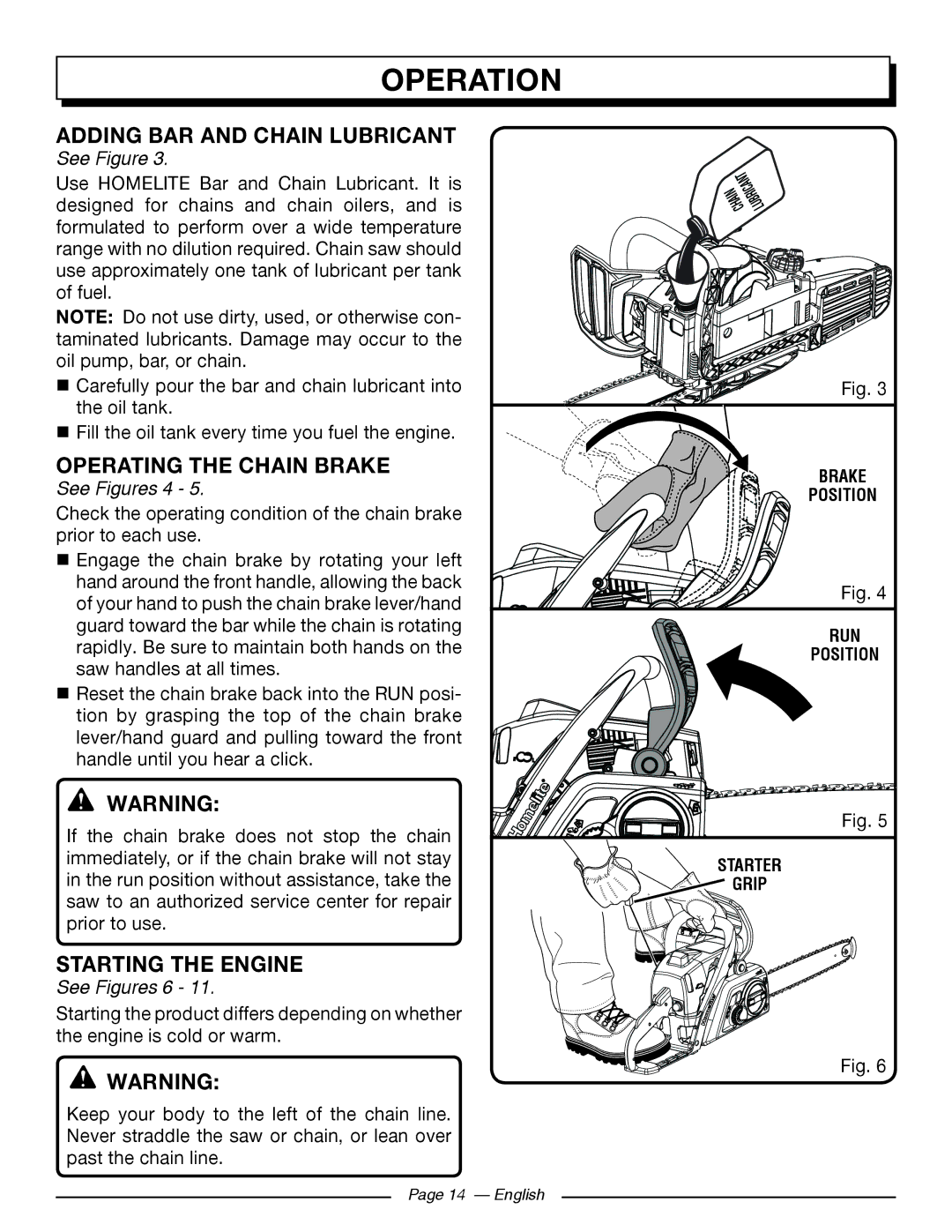 Homelite UT10582, UT10918 Adding bar and chain lubricant, Operating the Chain Brake, Starting the Engine, See Figures 4 