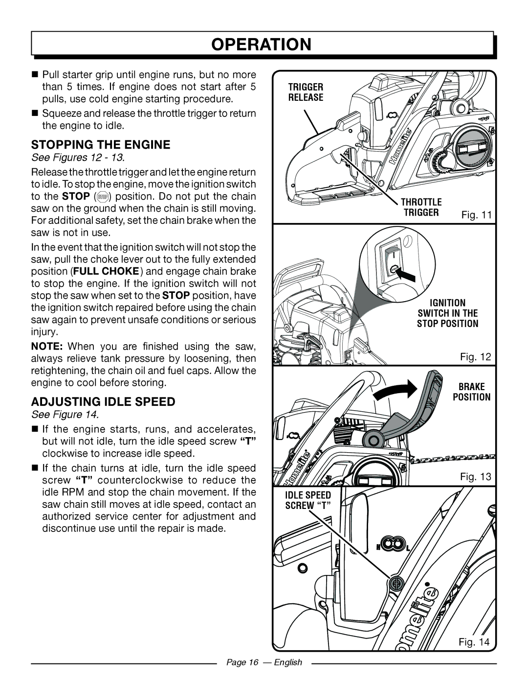 Homelite UT10560, UT10918, UT10585, UT10582, UT10562, UT10542 Stopping the Engine, Adjusting Idle Speed, See Figures 12 