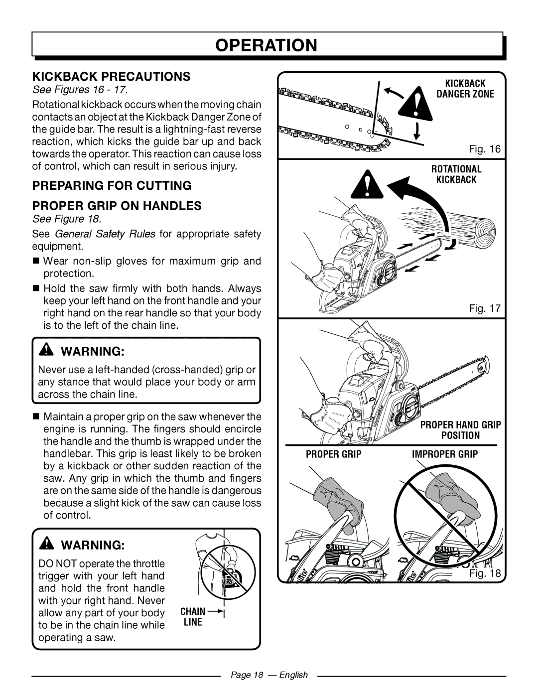 Homelite UT10918, UT10585, UT10582 Kickback Precautions, Preparing for Cutting Proper Grip on Handles, See Figures 16 