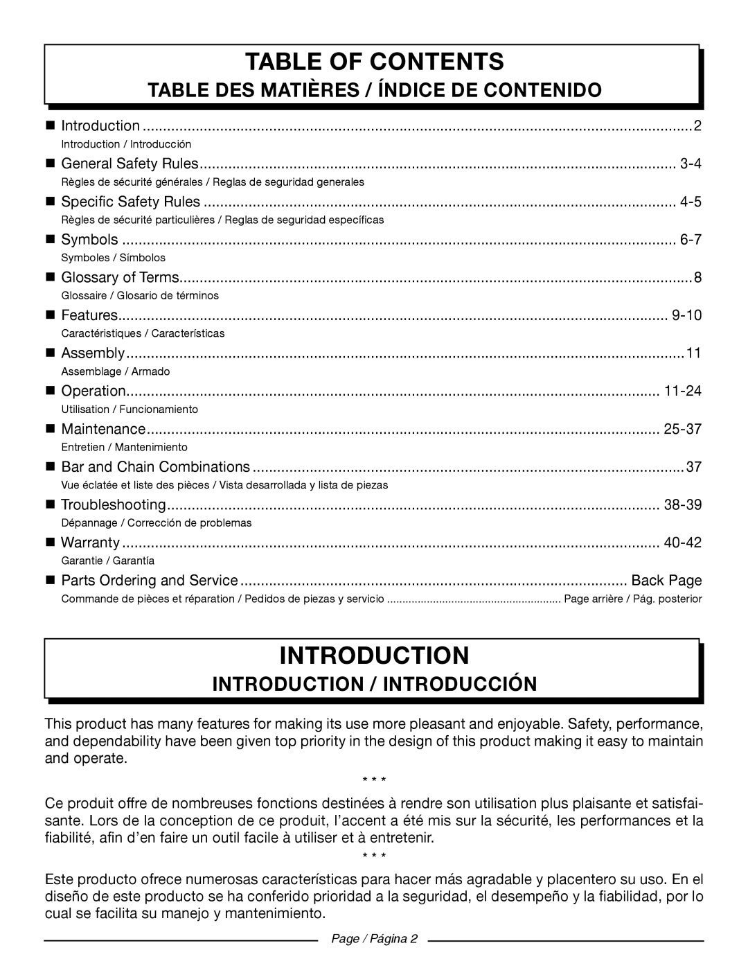 Homelite UT10582, UT10918, UT10585, UT10562, UT10560, UT10542 manuel dutilisation Introduction, Table of Contents 