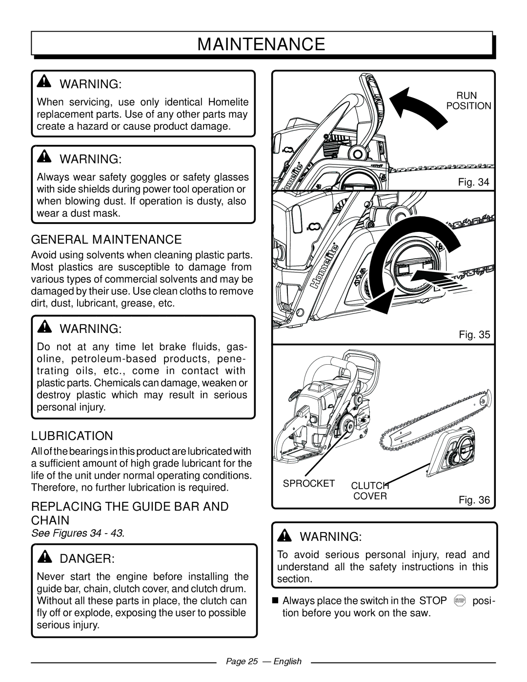 Homelite UT10585, UT10918, UT10582 General Maintenance, Lubrication, Replacing the guide BAR and Chain, See Figures 34 