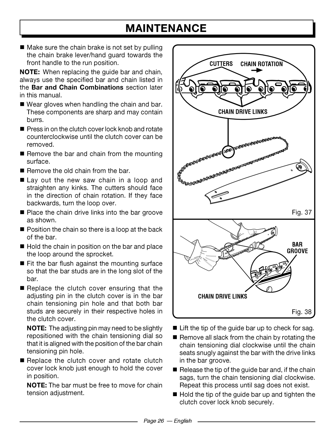 Homelite UT10582, UT10918, UT10585, UT10562, UT10560, UT10542 Cutters chain rotation Chain drive links Bar Groove 