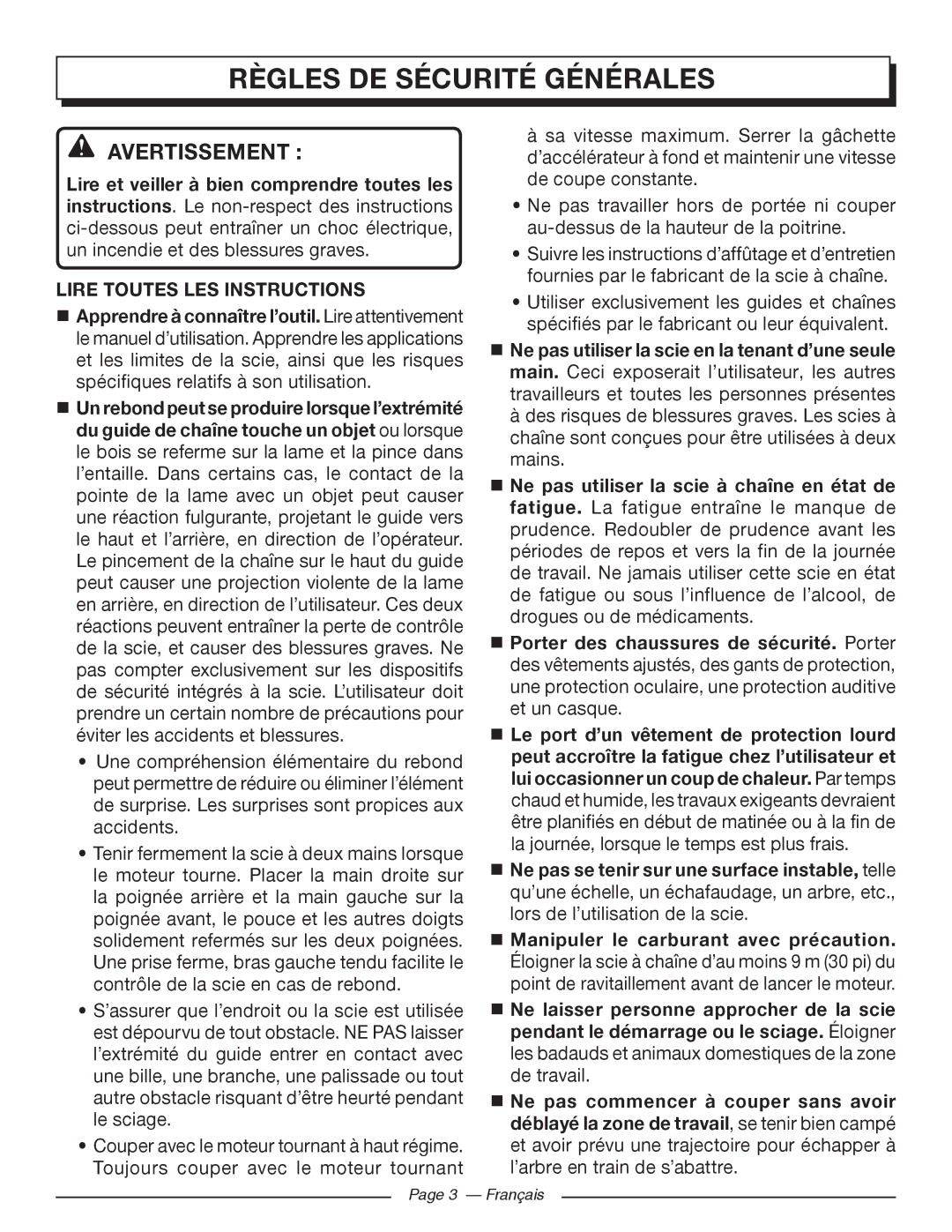 Homelite UT10585, UT10918, UT10582, UT10562, UT10560, UT10542 manuel dutilisation Règles de sécurité générales, Avertissement  