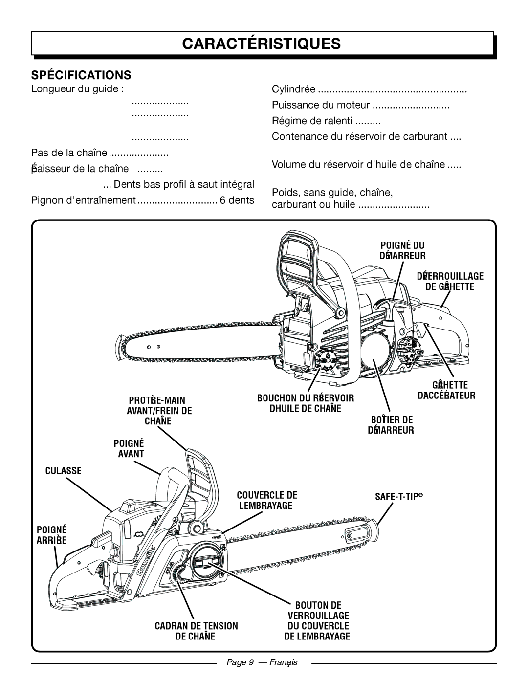 Homelite UT10585, UT10918, UT10582, UT10562, UT10560, UT10542 manuel dutilisation Caractéristiques, Spécifications 