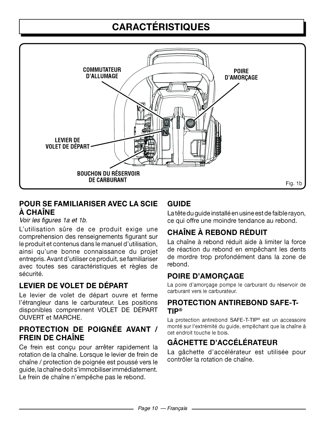 Homelite UT10582 Pour SE Familiariser Avec LA Scie À Chaîne, Levier DE Volet DE Départ, Guide, Chaîne À Rebond Réduit 