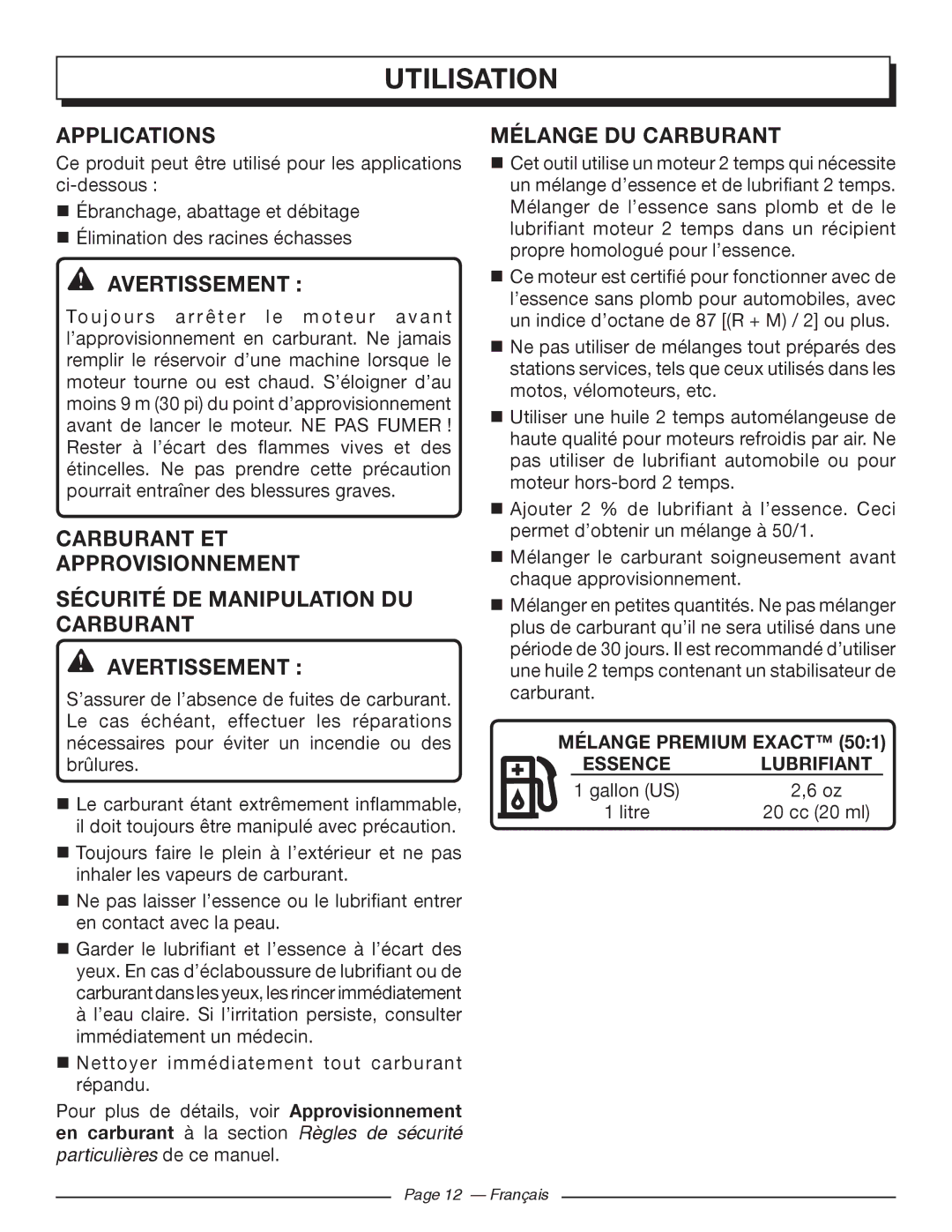 Homelite UT10560, UT10918, UT10585, UT10582, UT10562, UT10542 manuel dutilisation Mélange DU Carburant, Lubrifiant 