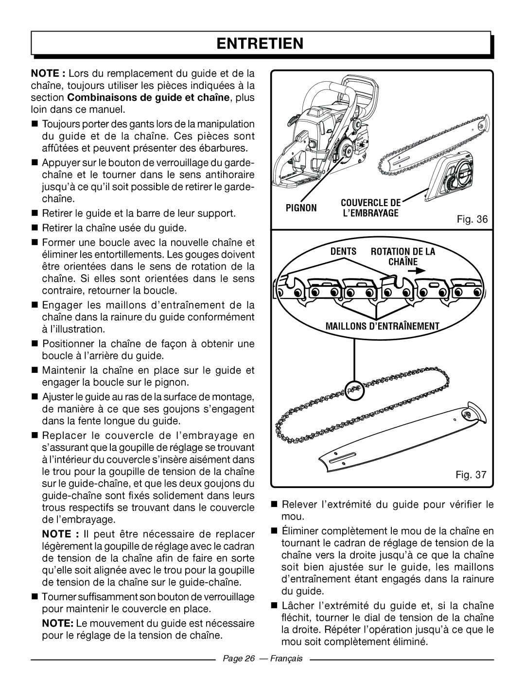 Homelite UT10918, UT10585, UT10582, UT10562, UT10560, UT10542 manuel dutilisation Maillons D’ENTRAÎNEMENT 