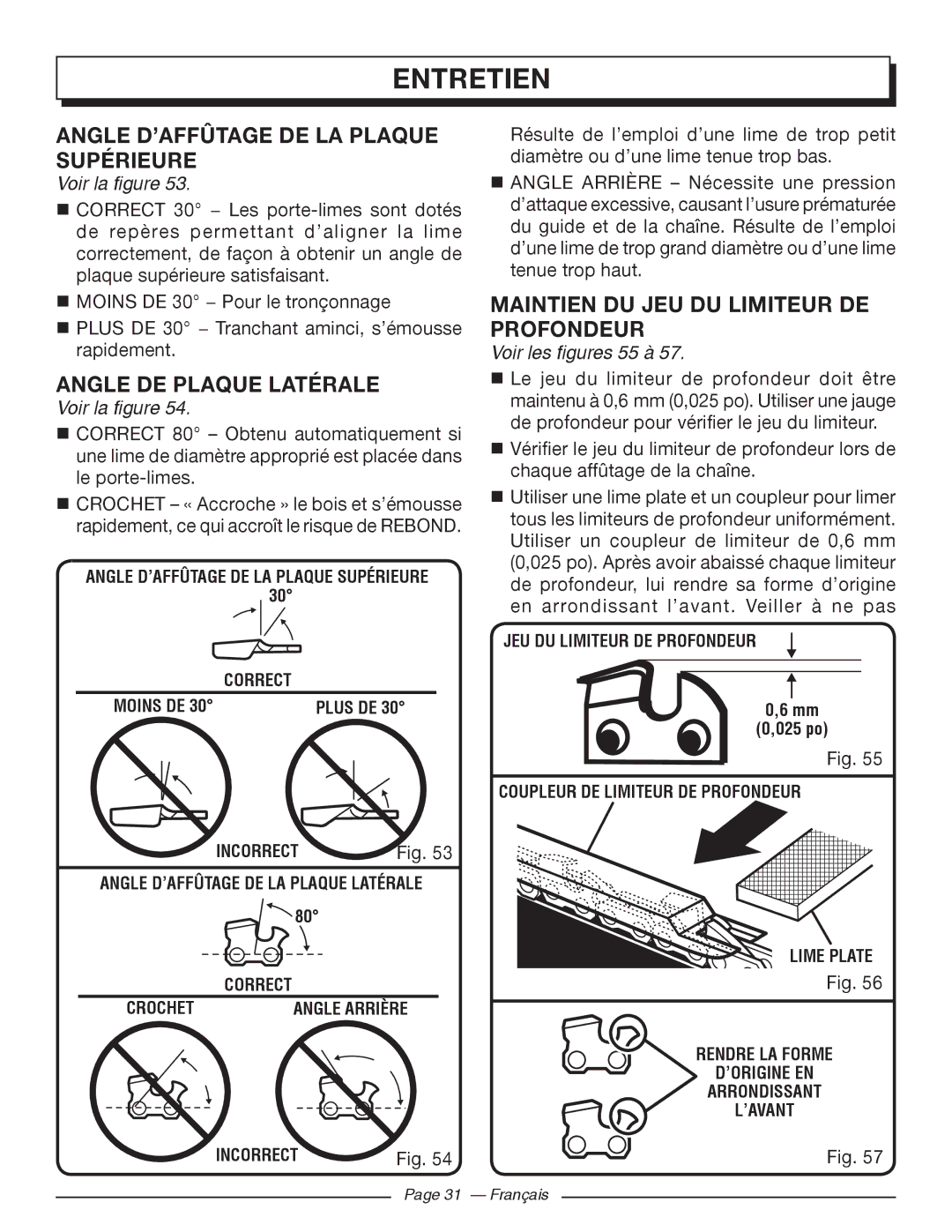 Homelite UT10542, UT10918 Angle D’AFFÛTAGE DE LA Plaque Supérieure, Angle DE Plaque Latérale, Voir les figures 55 à 