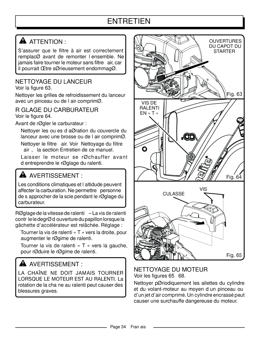 Homelite UT10582, UT10918, UT10585, UT10562 Nettoyage DU Lanceur, Réglage DU Carburateur, Avertissement, Nettoyage DU Moteur 