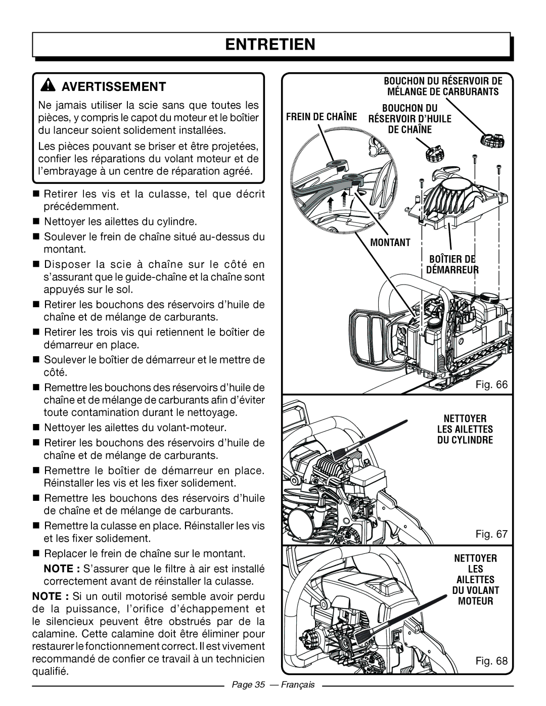 Homelite UT10562 Avertissement, Ne jamais utiliser la scie sans que toutes les, Du lanceur soient solidement installées 