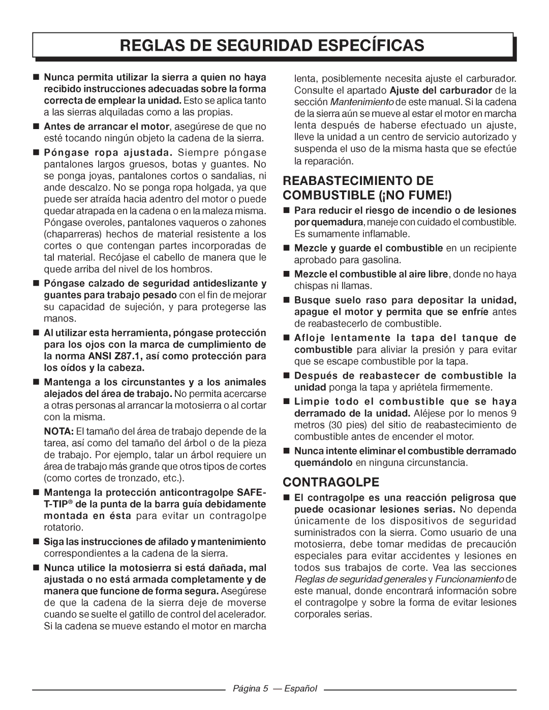 Homelite UT10585, UT10918, UT10582, UT10562, UT10560, UT10542 Reabastecimiento DE Combustible ¡NO Fume, Contragolpe 