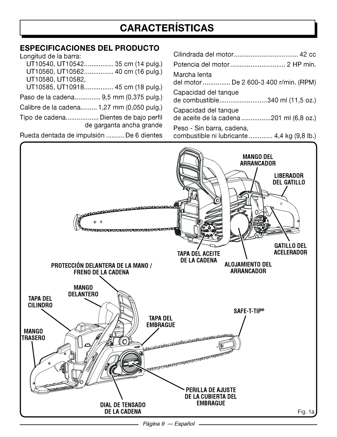 Homelite UT10542, UT10918, UT10585, UT10582, UT10562, UT10560 manuel dutilisation Características, Especificaciones DEL Producto 