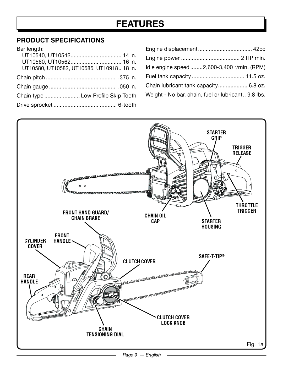 Homelite UT10562, UT10918, UT10585, UT10582, UT10560, UT10542 manuel dutilisation Features, Product Specifications 