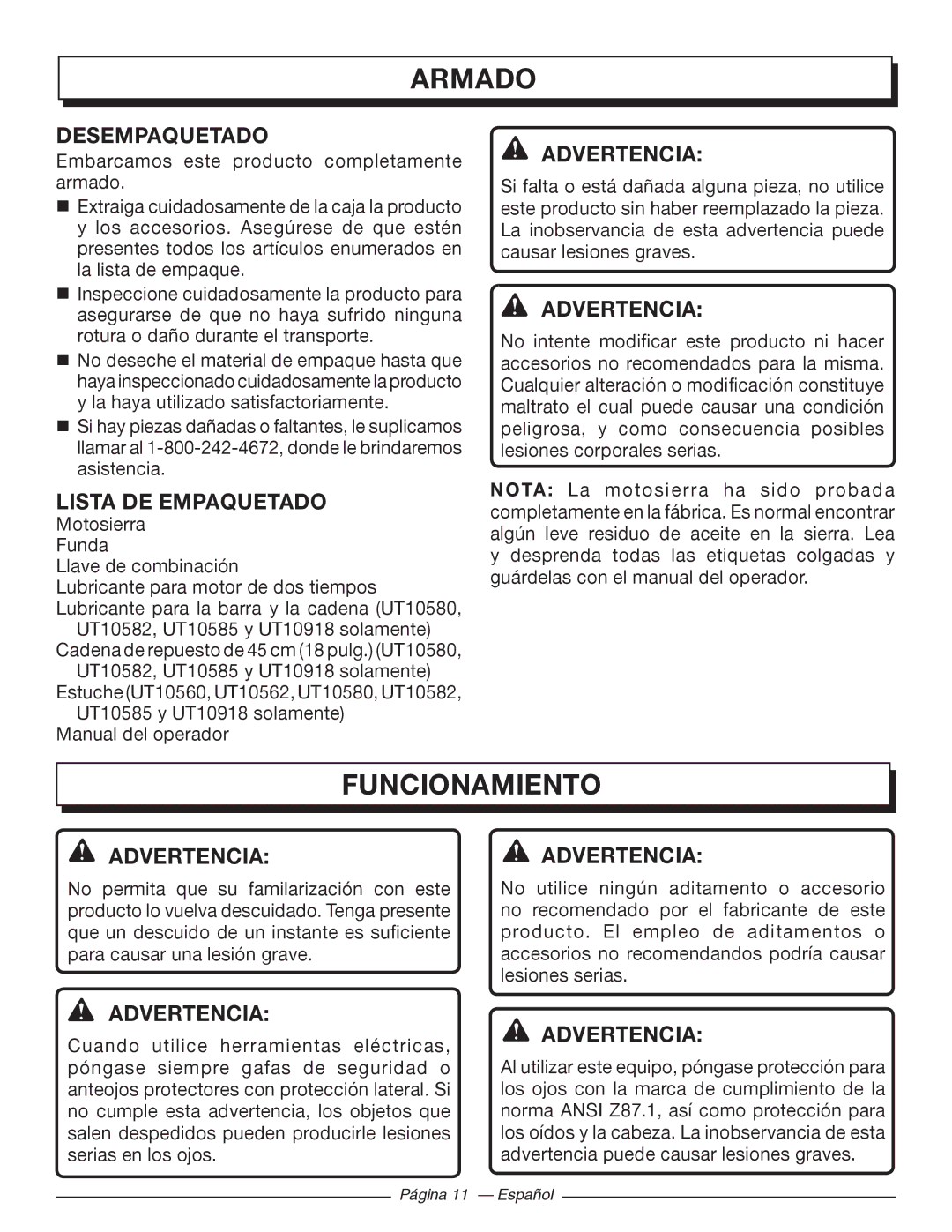 Homelite UT10585, UT10918, UT10582, UT10562, UT10560, UT10542 Armado, Funcionamiento, Desempaquetado, Lista DE Empaquetado 