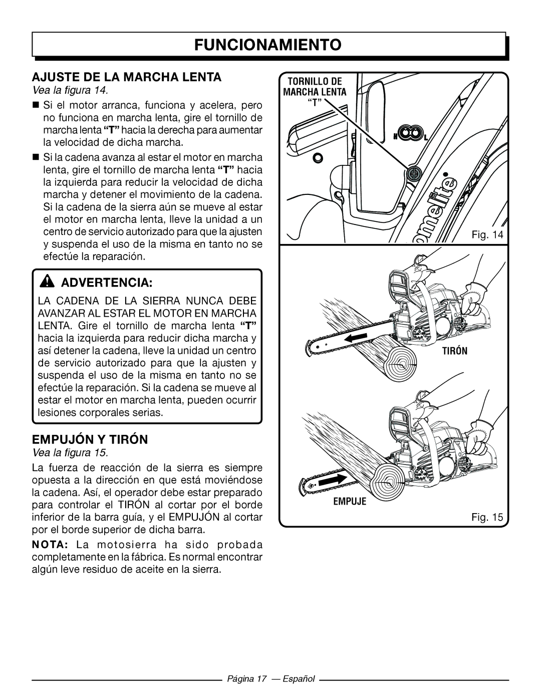 Homelite UT10585, UT10918, UT10582, UT10562, UT10560, UT10542 manuel dutilisation Ajuste DE LA Marcha Lenta, Empujón Y Tirón 