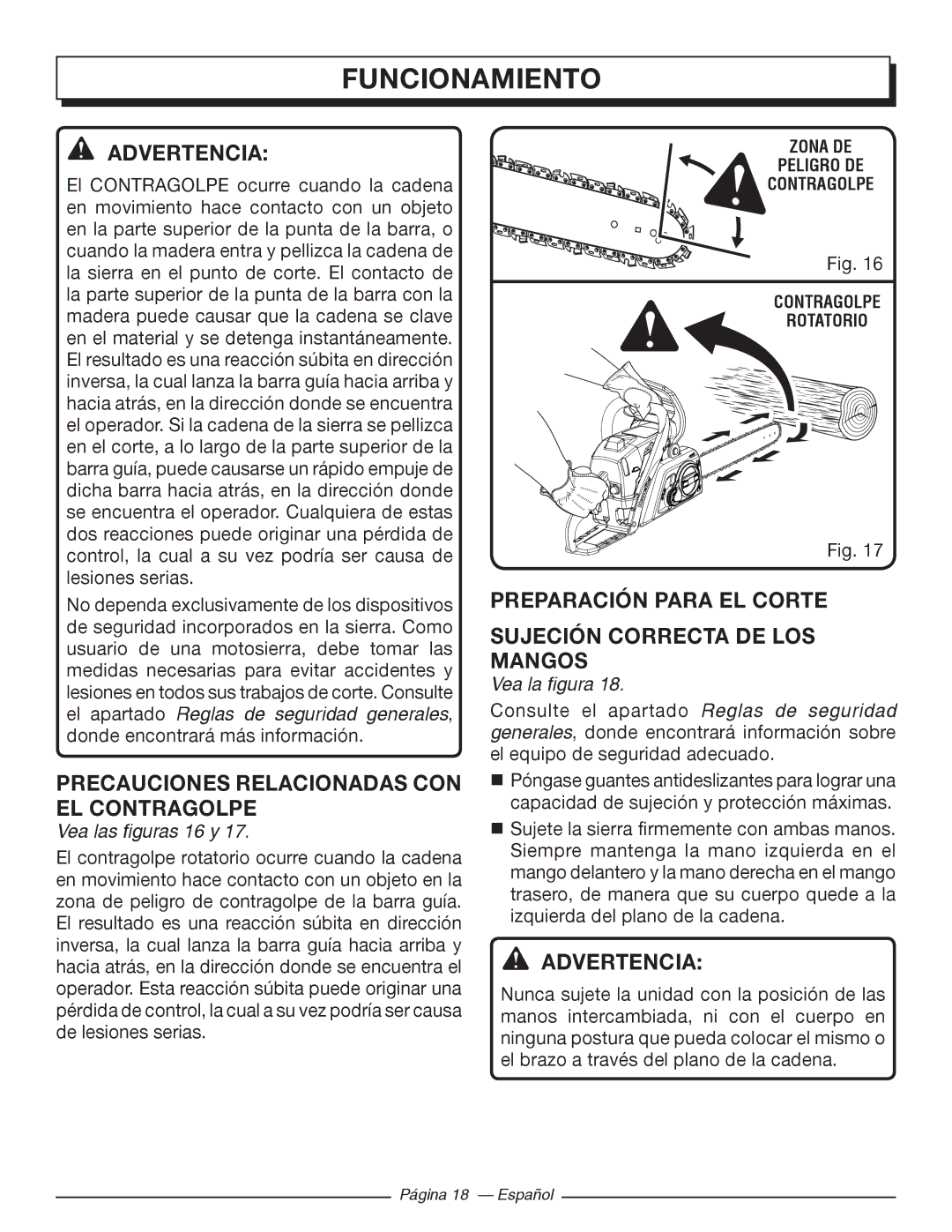 Homelite UT10582 Precauciones Relacionadas CON EL Contragolpe, Preparación Para EL Corte Sujeción Correcta DE LOS Mangos 