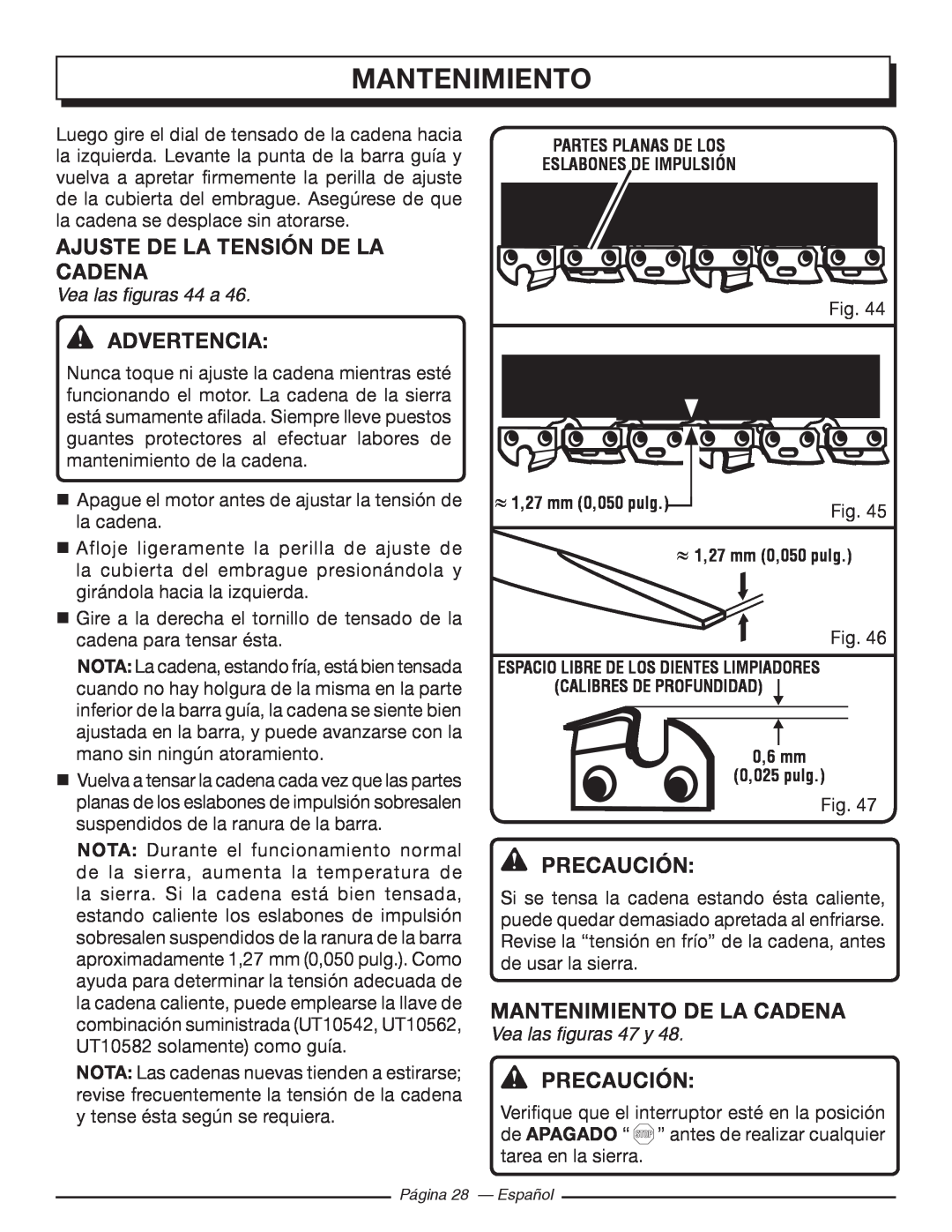 Homelite UT10918 mantenimiento, Ajuste De La Tensión De La Cadena, Advertencia, Precaución, Mantenimiento De La Cadena 