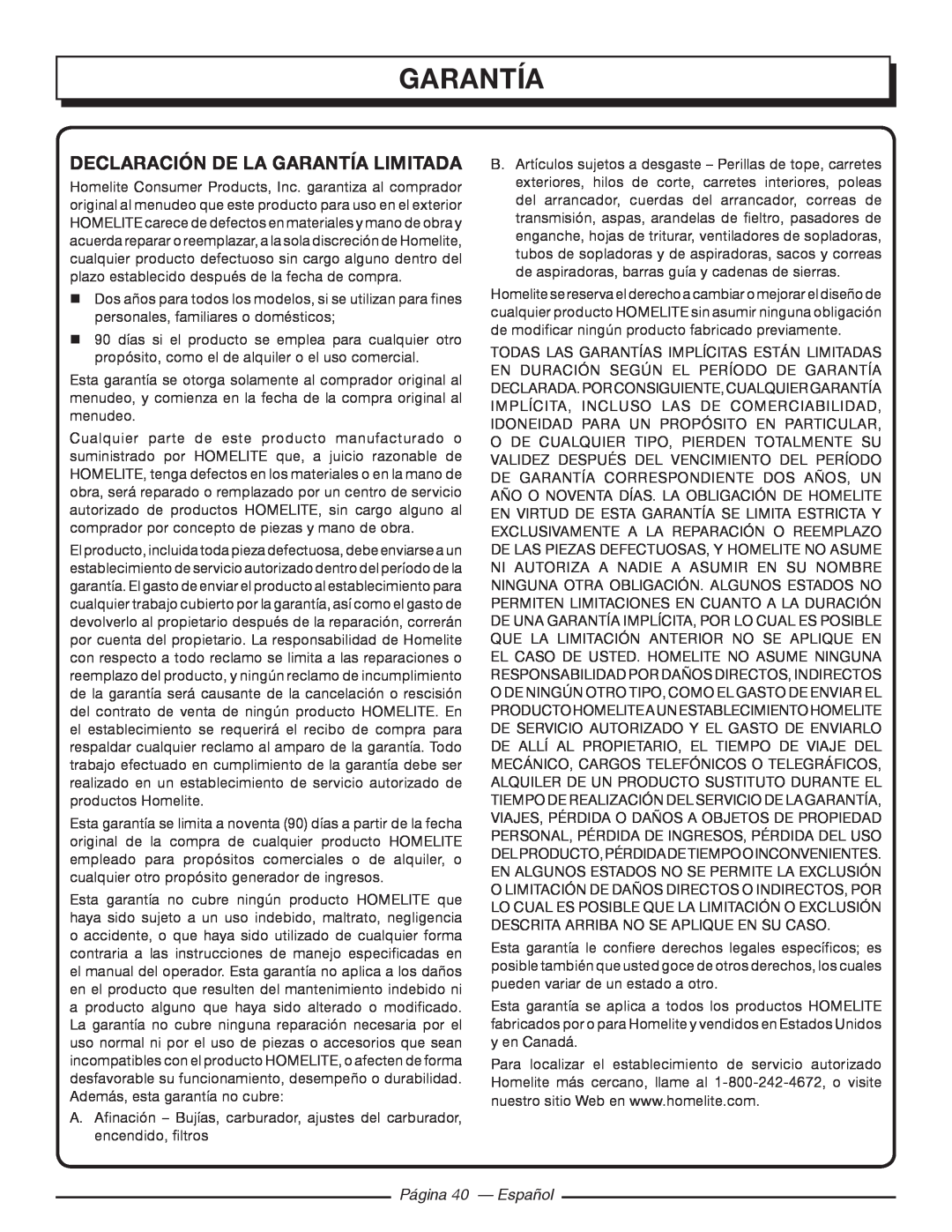 Homelite UT10918, UT10585, UT10582, UT10562, UT10560 garantía, Declaración De La Garantía Limitada, Página 40 - Español 