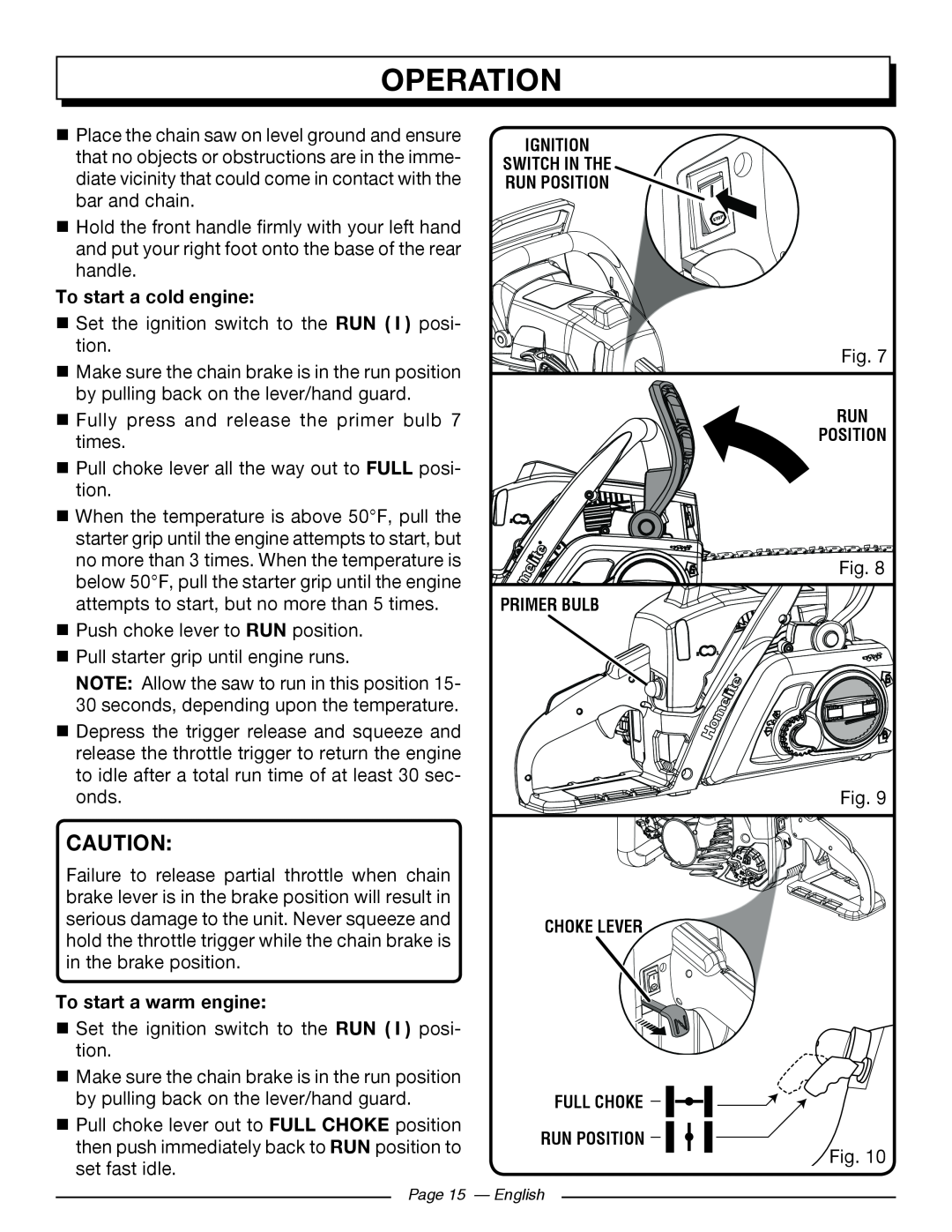 Homelite UT10562, UT10918, UT10585, UT10582 operation, To start a cold engine, To start a warm engine, Page 15 - English 