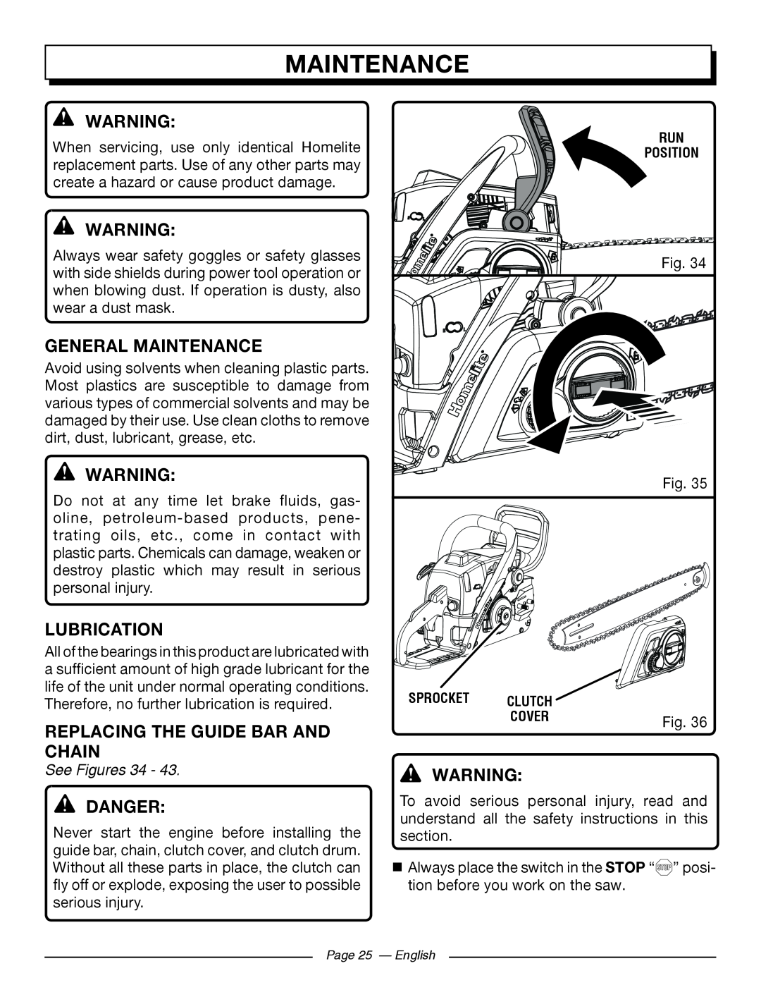 Homelite UT10585 maintenance, General Maintenance, Lubrication, REPLACING THE guide BAR AND CHAIN, Danger, See Figures 34 