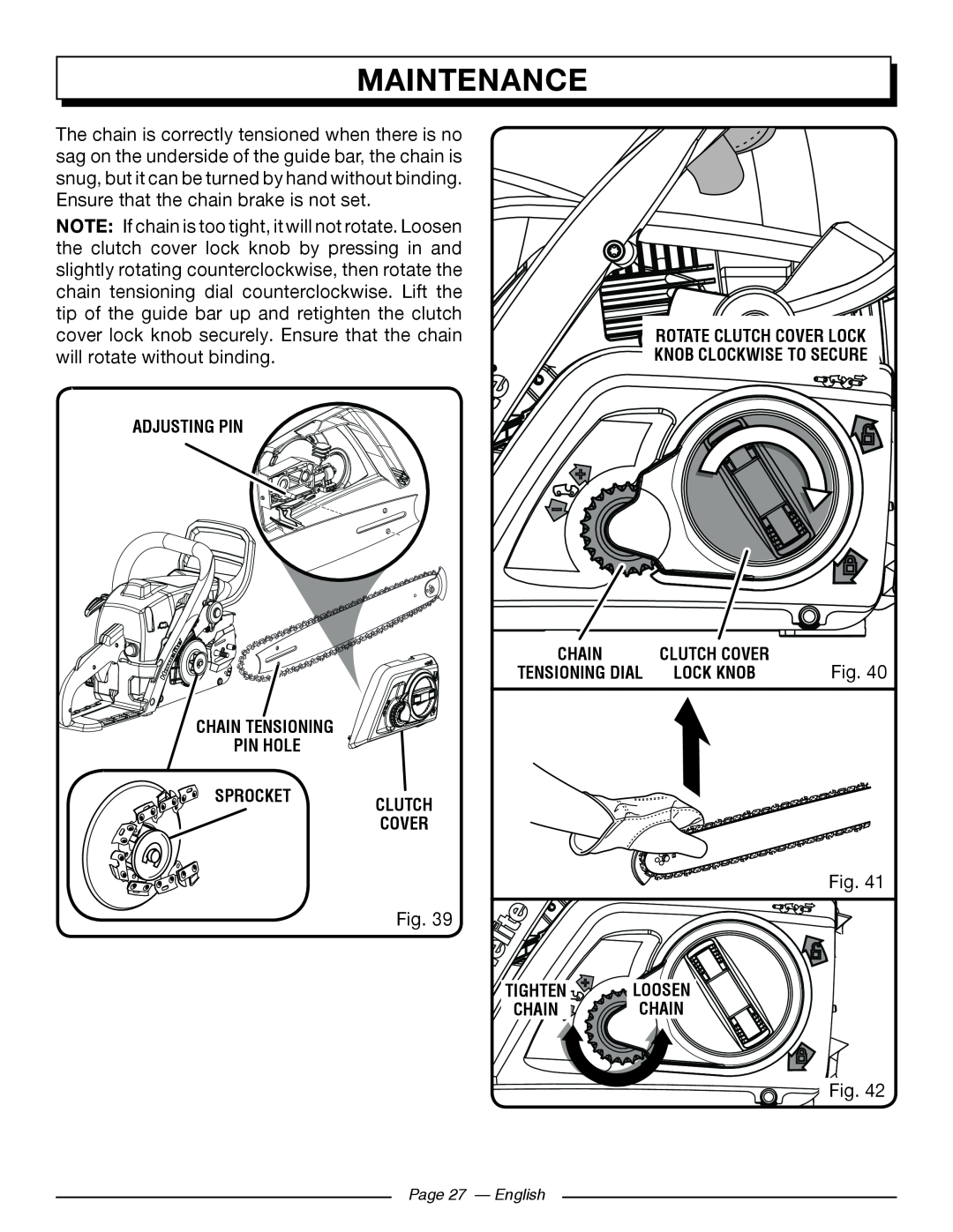 Homelite UT10562 maintenance, adjusting pin, tensioning dial, lock knob, tightenloosen chain chain, Page 27 - English 