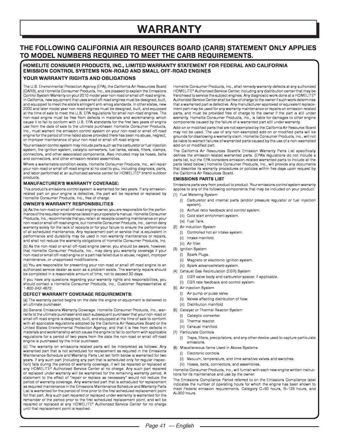 Homelite UT10542, UT10918 Page 41 - English, Manufacturer’S Warranty Coverage, Owner’S Warranty Responsibilities 
