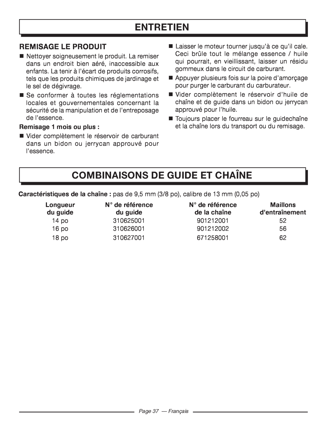 Homelite UT10542 Combinaisons De Guide Et Chaîne, Entretien, Remisage Le Produit, Remisage 1 mois ou plus, N de référence 