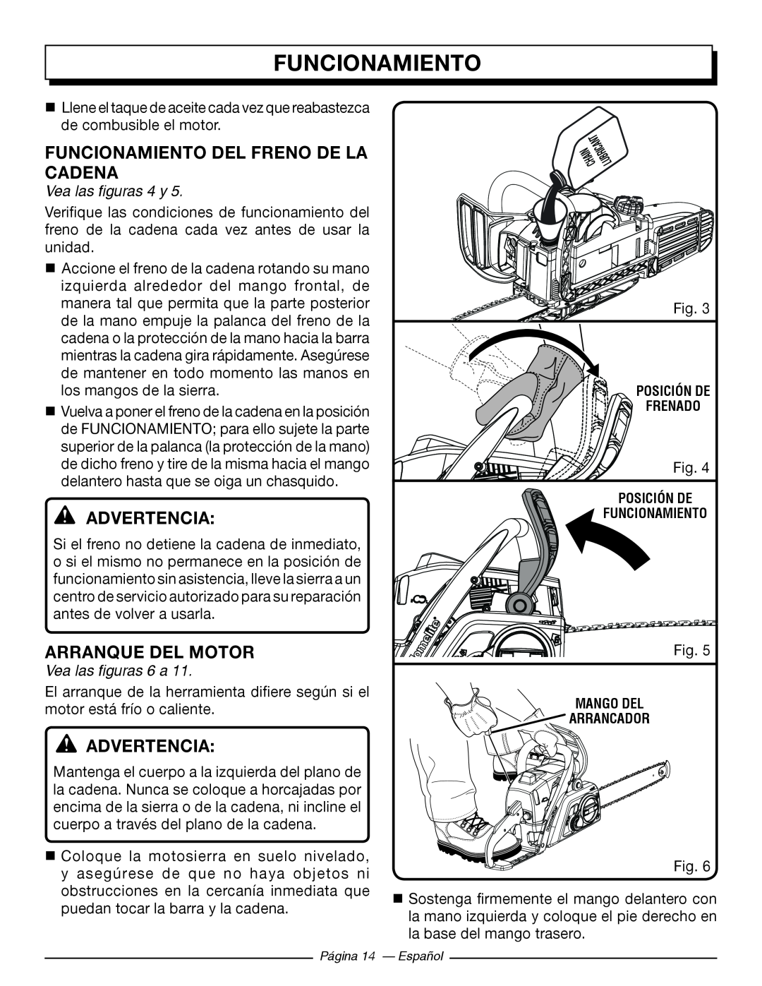 Homelite UT10560, UT10918 Funcionamiento Del Freno De La Cadena, Advertencia, Arranque Del Motor, Vea las figuras 4 y 