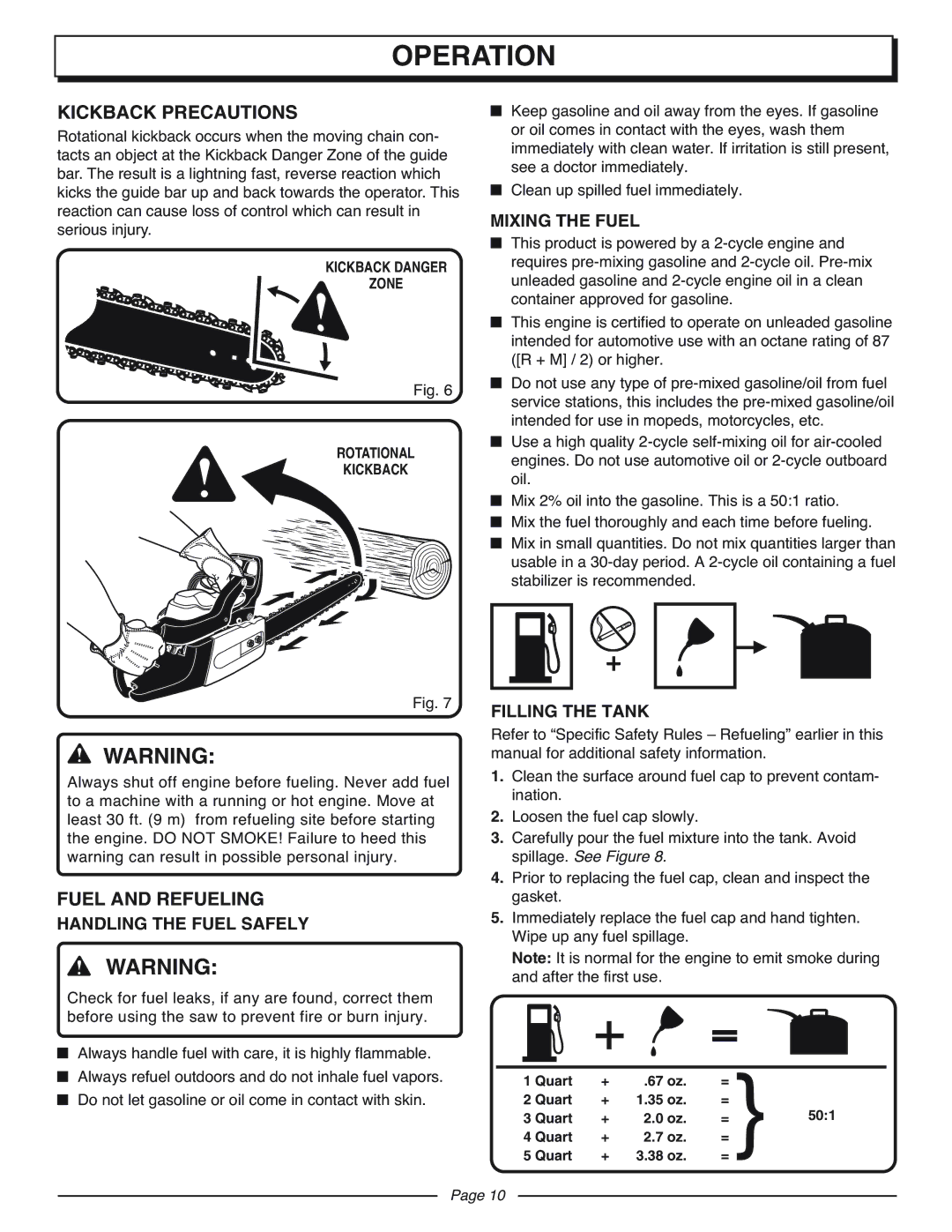 Homelite UT10927A Kickback Precautions, Fuel and Refueling, Handling the Fuel Safely, Mixing the Fuel, Filling the Tank 