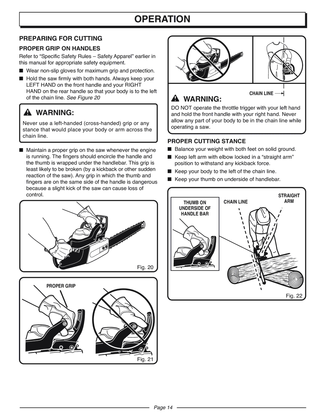 Homelite UT10927A manual Preparing for Cutting, Proper Grip on Handles, Proper Cutting Stance, Proper Grip Chain Line 