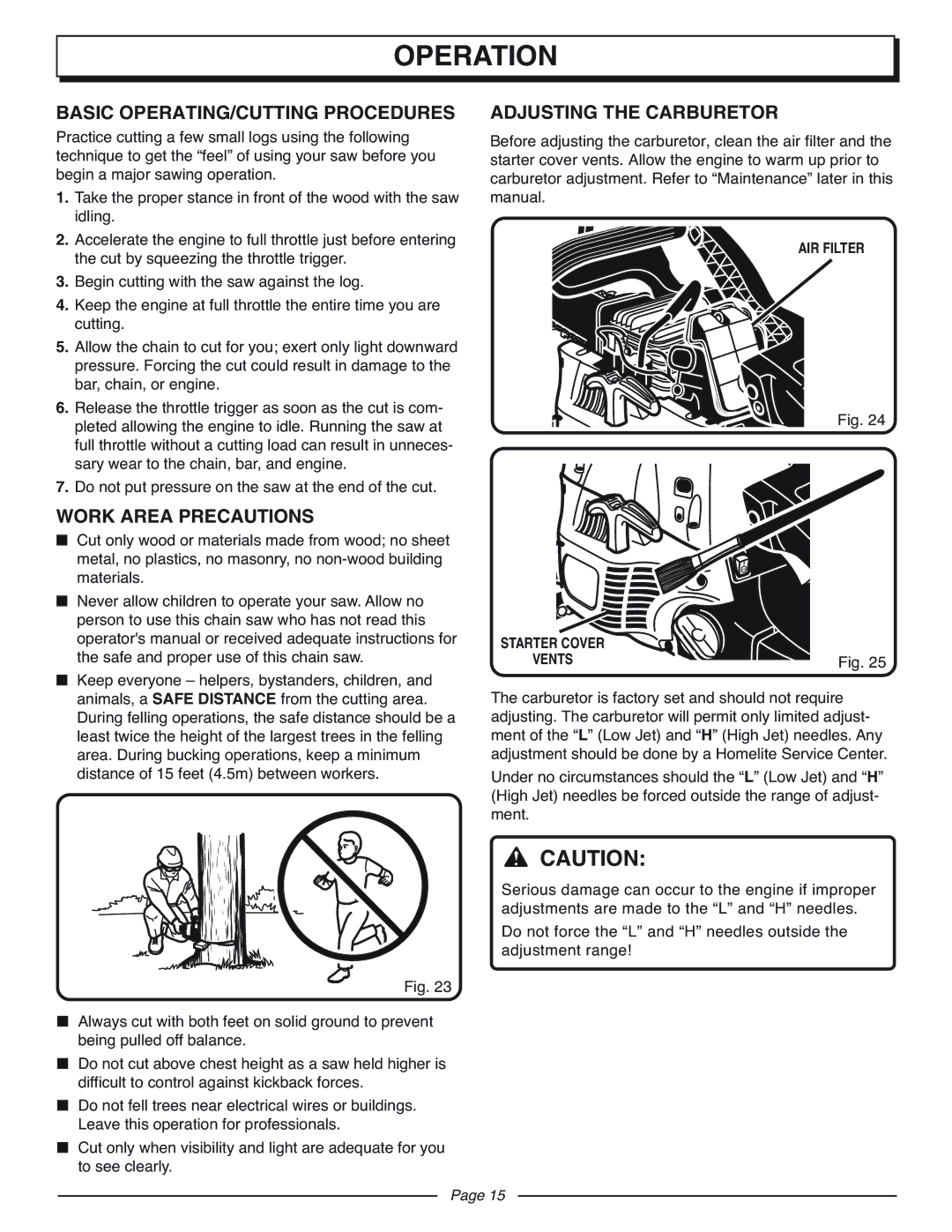 Homelite UT10927A manual Basic OPERATING/CUTTING Procedures, Work Area Precautions, Adjusting the Carburetor, AIR Filter 