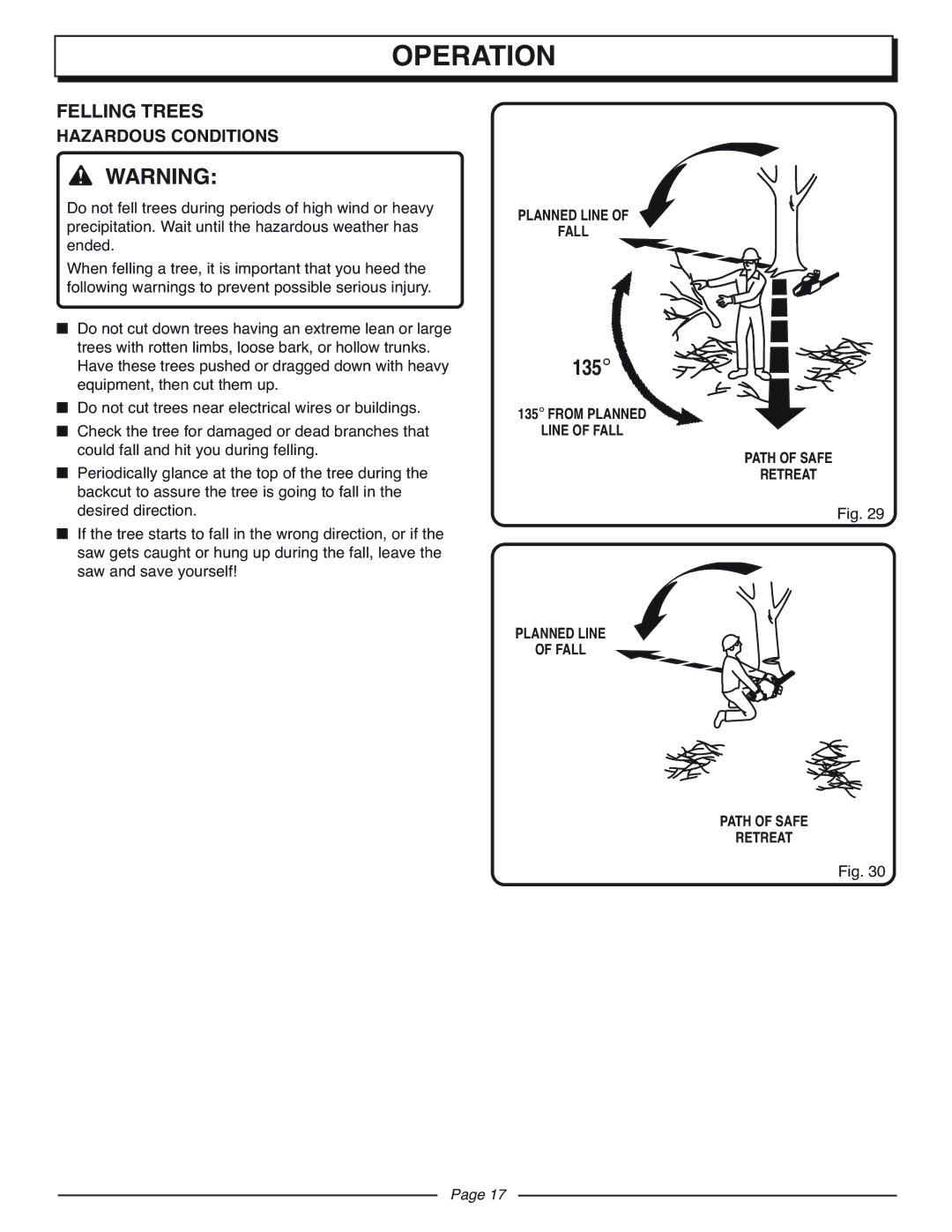 Homelite UT10927A Felling Trees, Hazardous Conditions, Planned Line Fall, From Planned Line of Fall Path of Safe Retreat 