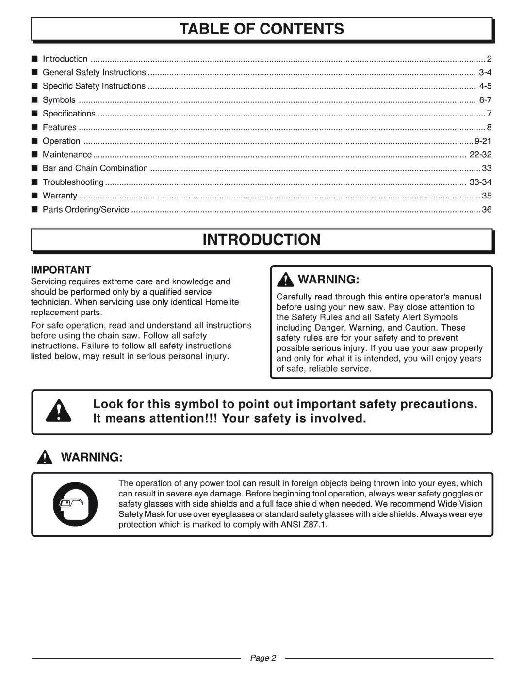 Homelite UT10927A manual Introduction, Table of Contents 