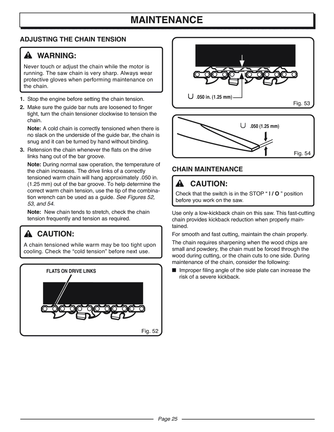 Homelite UT10927A manual Adjusting the Chain Tension, Chain Maintenance, Flats on Drive Links 