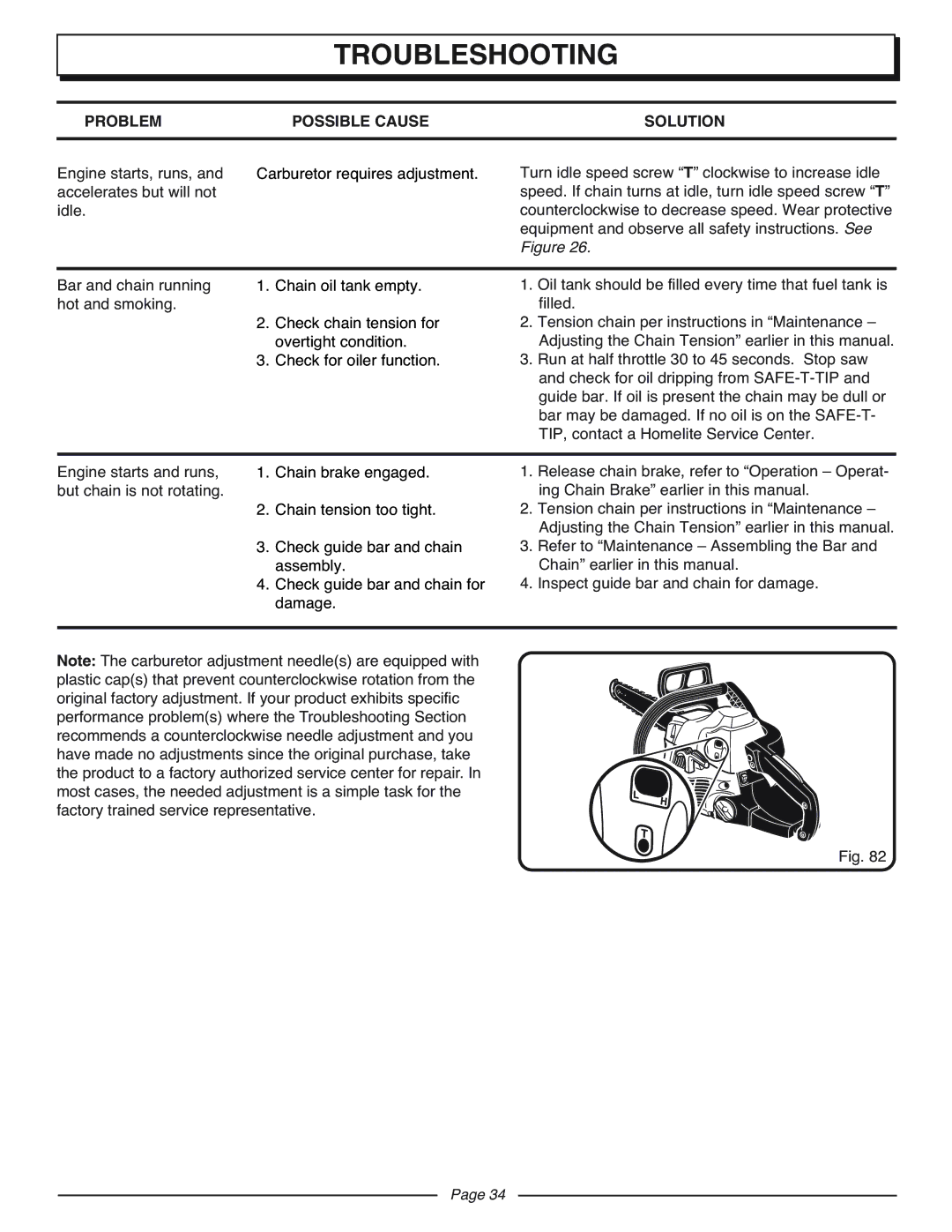 Homelite UT10927A manual Troubleshooting 