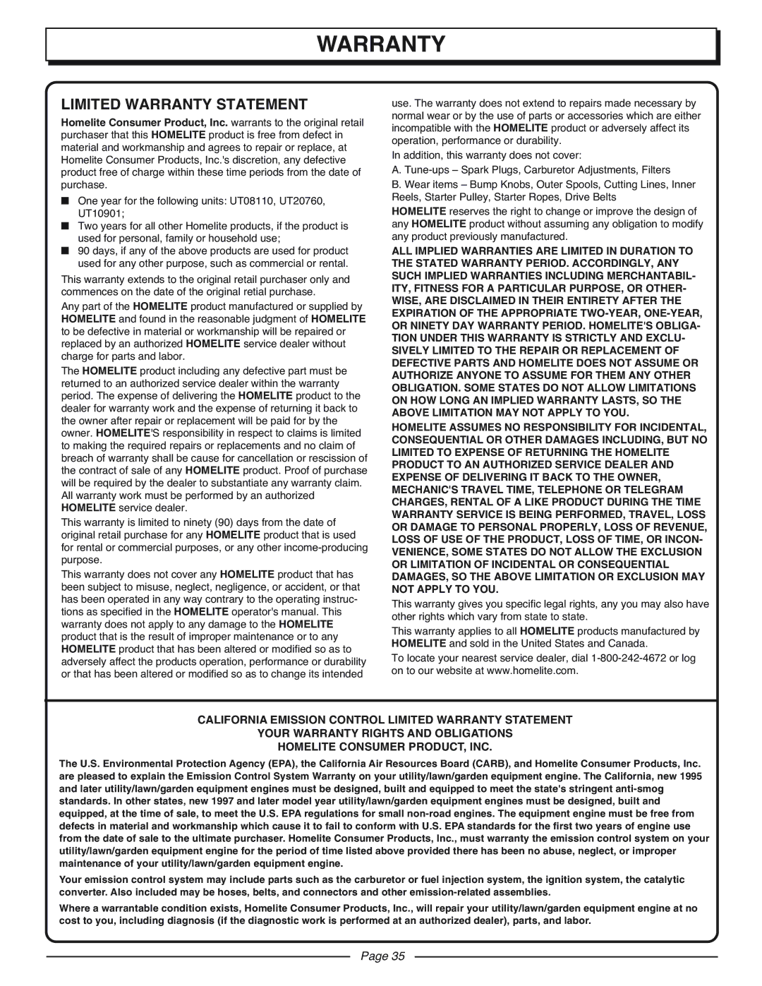 Homelite UT10927A manual Limited Warranty Statement 