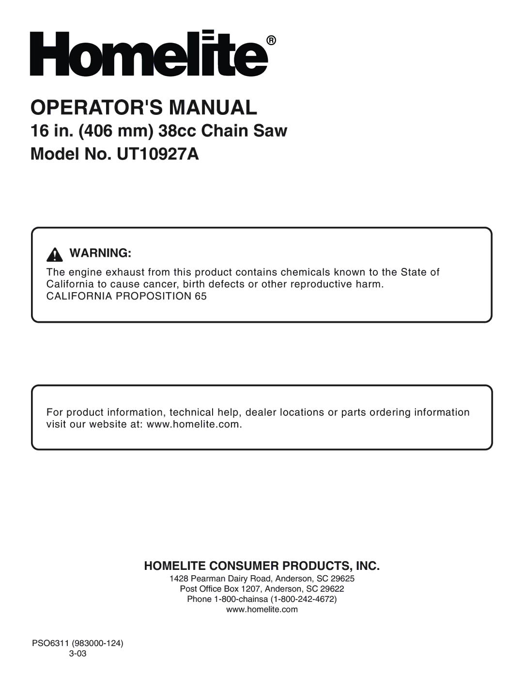 Homelite UT10927A manual Homelite Consumer PRODUCTS, INC 