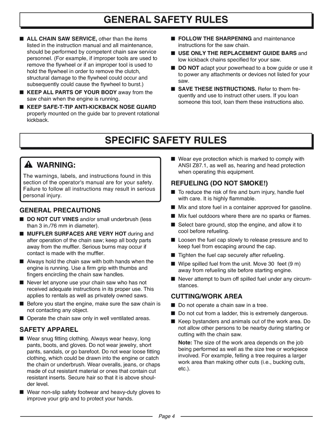 Homelite UT10927A Specific Safety Rules, General Precautions, Safety Apparel, Refueling do not Smoke, CUTTING/WORK Area 