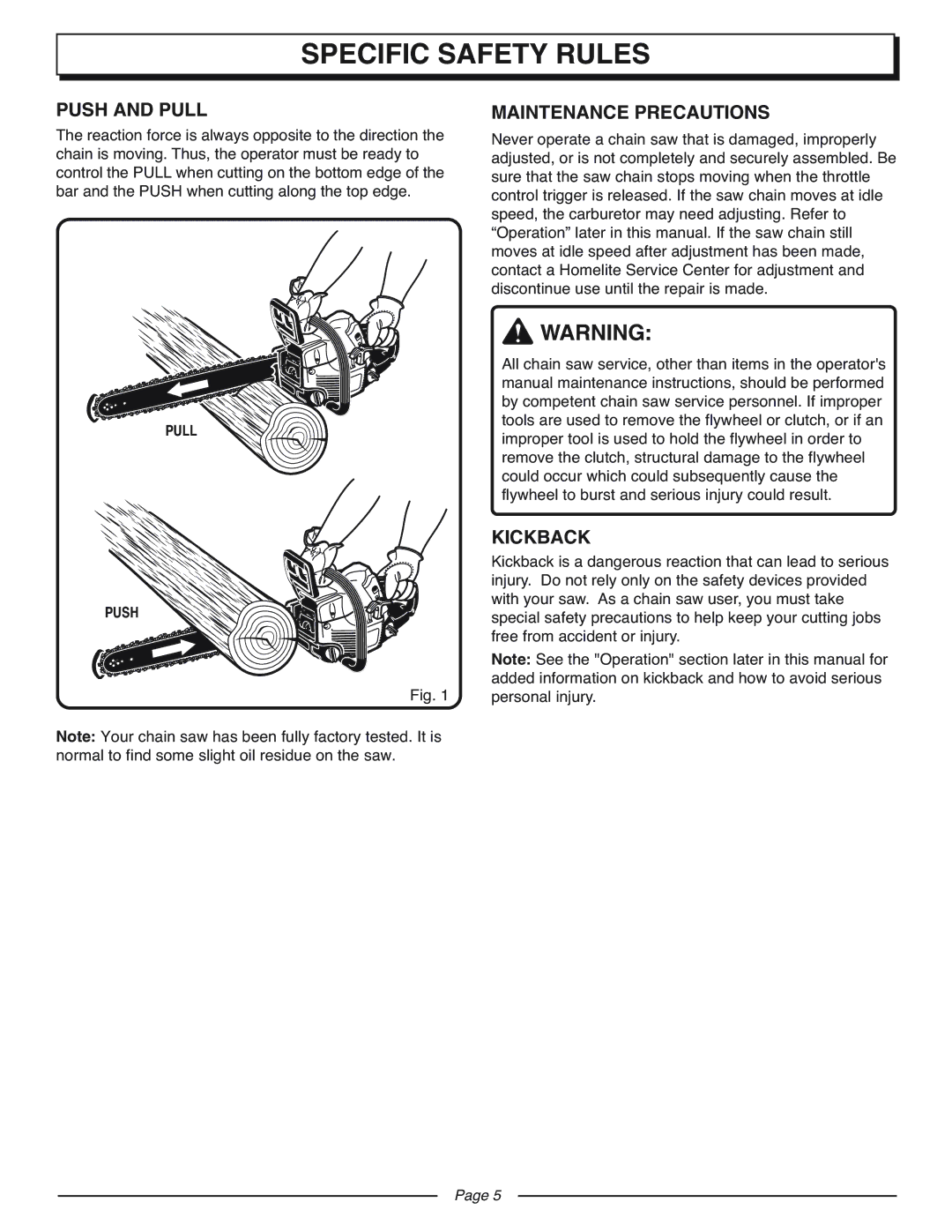 Homelite UT10927A manual Push and Pull, Maintenance Precautions, Kickback, Pull Push 