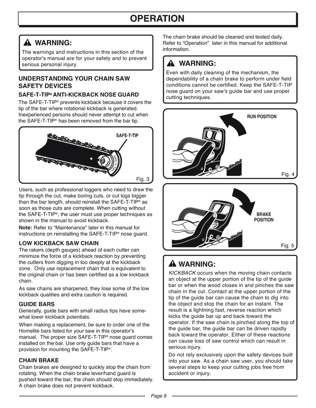 Homelite UT10927A manual Operation, Understanding Your Chain SAW Safety Devices 