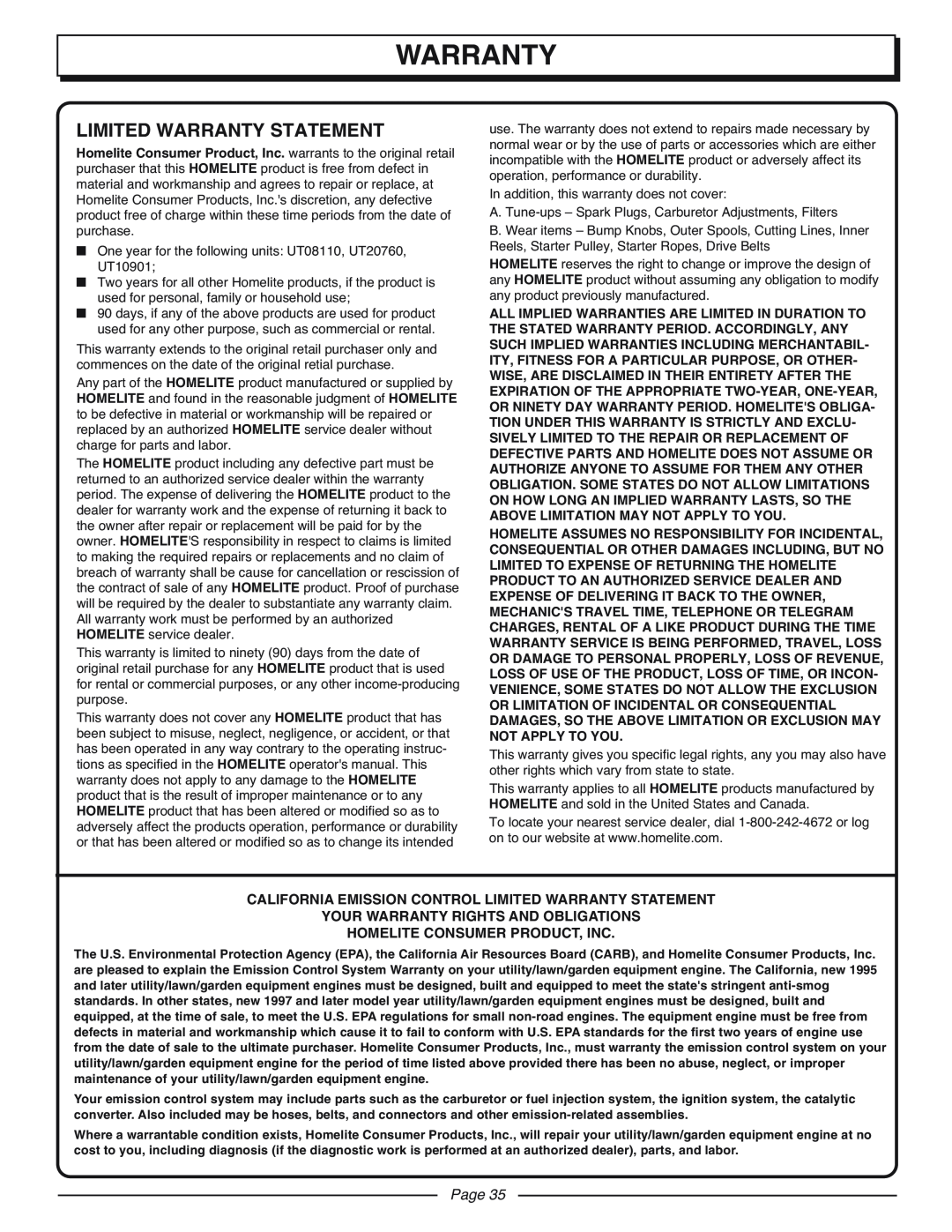 Homelite UT10927A manual Page, California Emission Control Limited Warranty Statement 