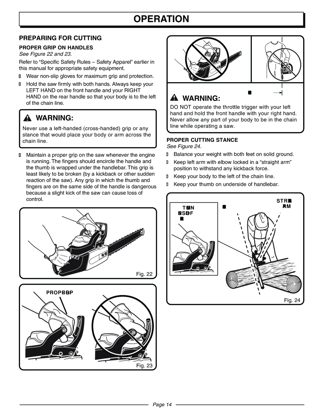 Homelite UT10942D manual Preparing for Cutting, Proper Grip on Handles, See, Proper Grip Chain Line, Proper Cutting Stance 