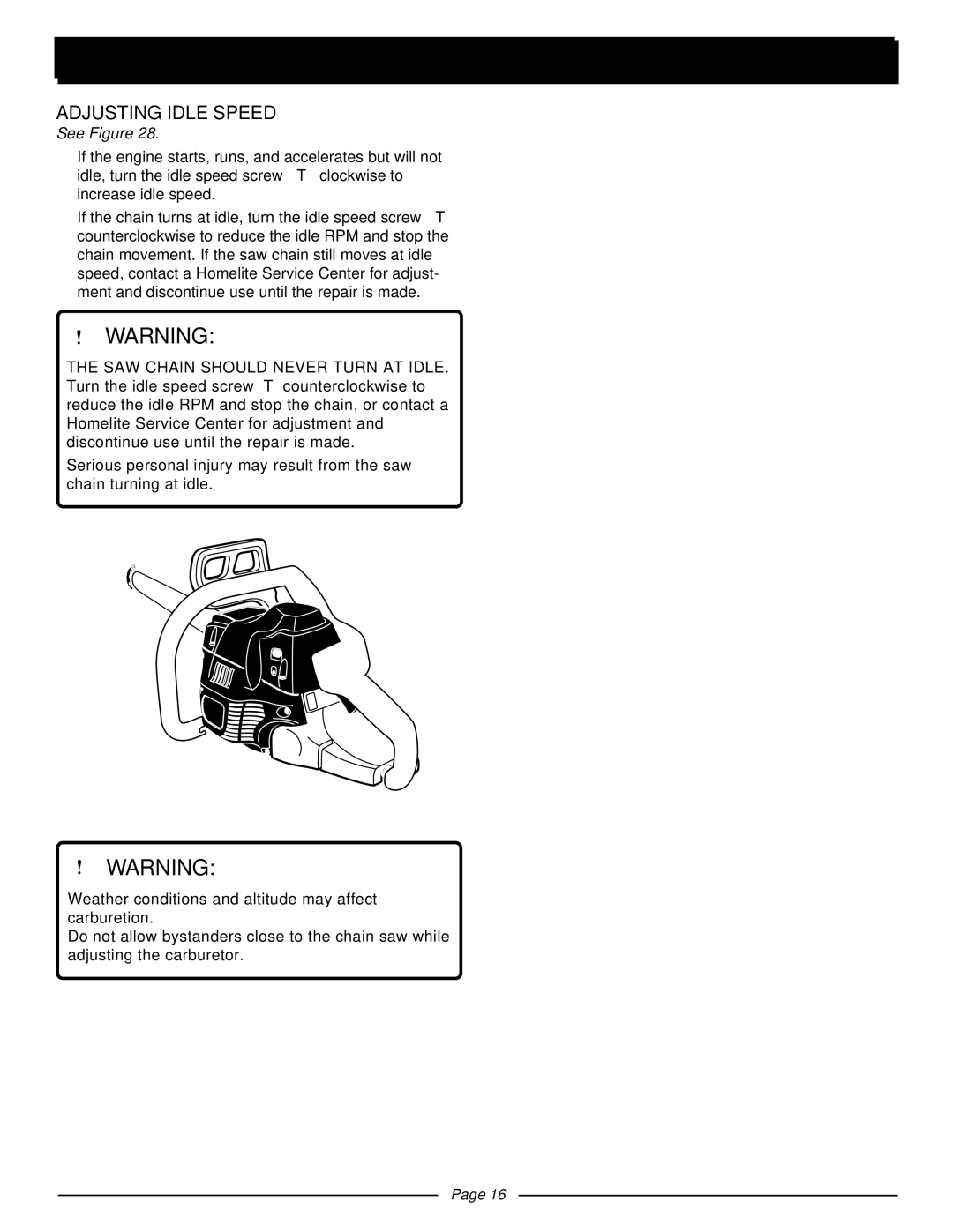 Homelite UT10942D manual Adjusting Idle Speed, Felling Trees 