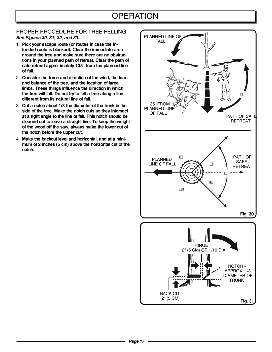 Homelite UT10942D manual Proper Procedure for Tree Felling, See Figures 30, 31, 32 