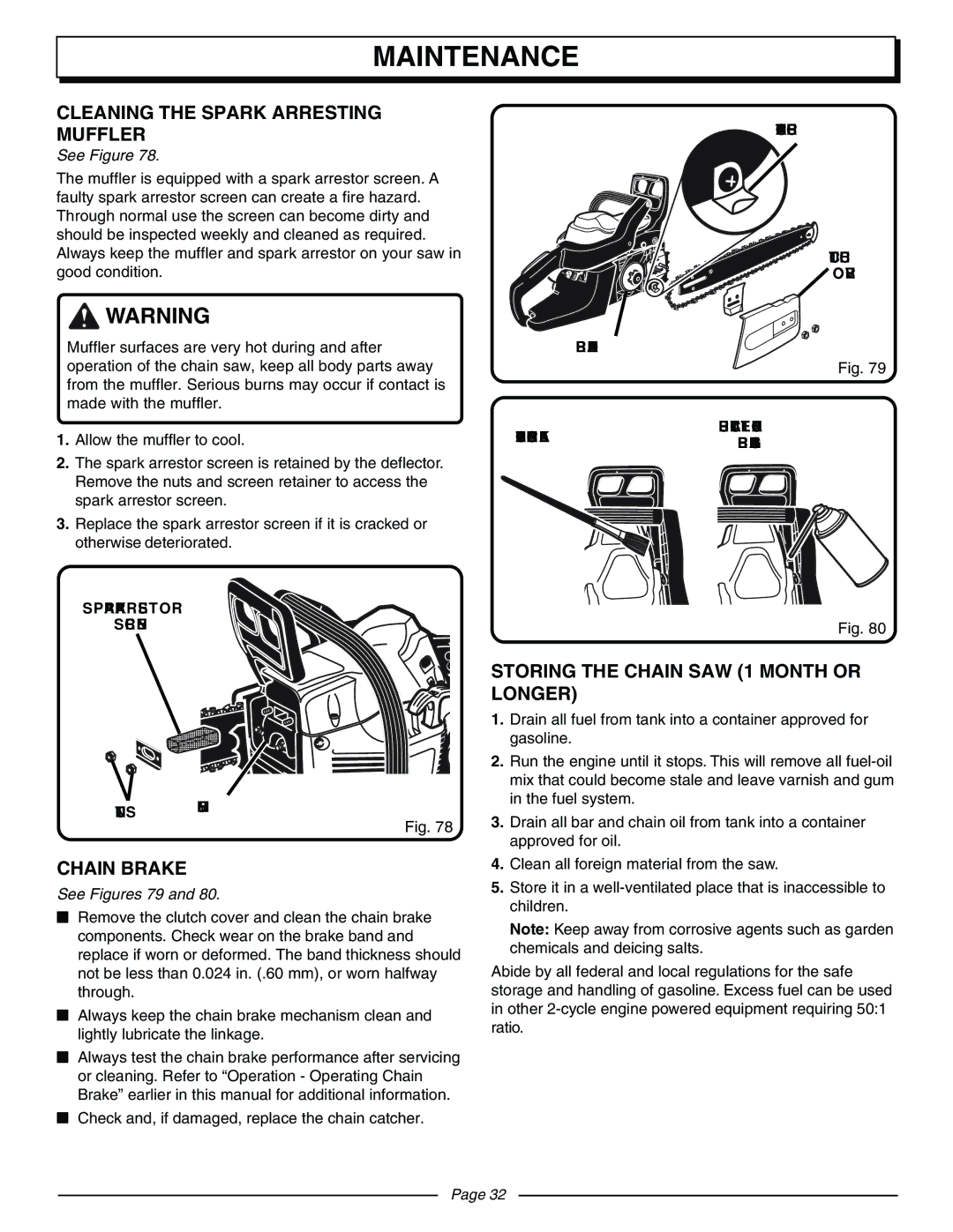 Homelite UT10942D manual Cleaning the Spark Arresting Muffler, Storing the Chain SAW 1 Month or Longer, See Figures 79 